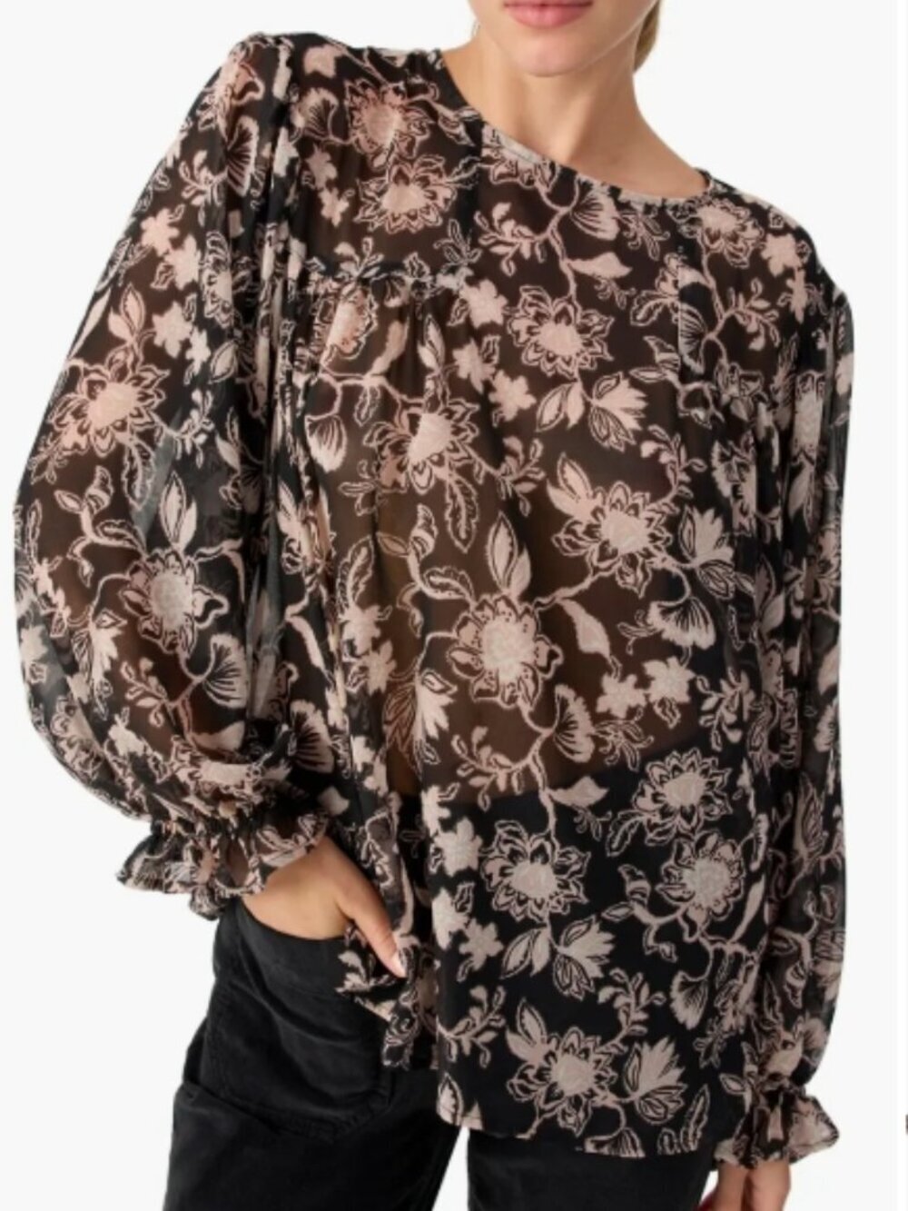 Sanctuary Ruffle Moment Print Chiffon Top – Midnight – Size S – NWT